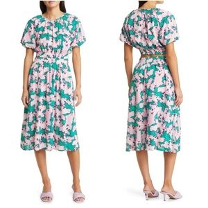 NWT - Nordstrom Chelsea 28 - Puff Sleeve Midi Dress in Green/Pink Shadows.Large